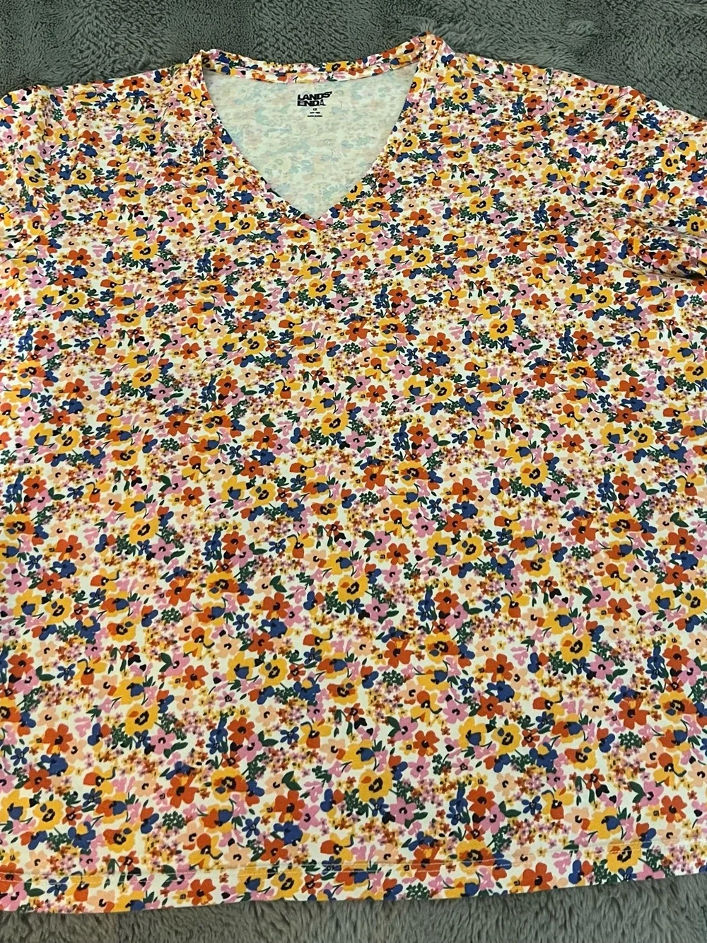 Lands' End Multicolor Floral V-Neck Short Sleeve Top